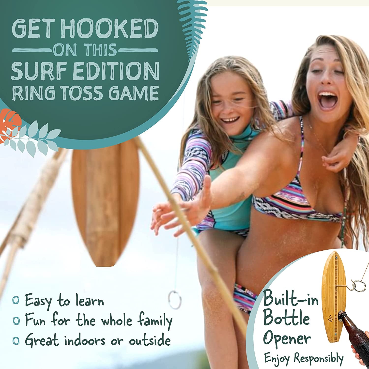 Ring Toss Game for Adults & Kids – 13 Inch Surfboard Edition - Hook and Ring Game with String and Hooks for Outdoor/Indoor Use, Man Cave Decor & Stuff, Gifts for Men