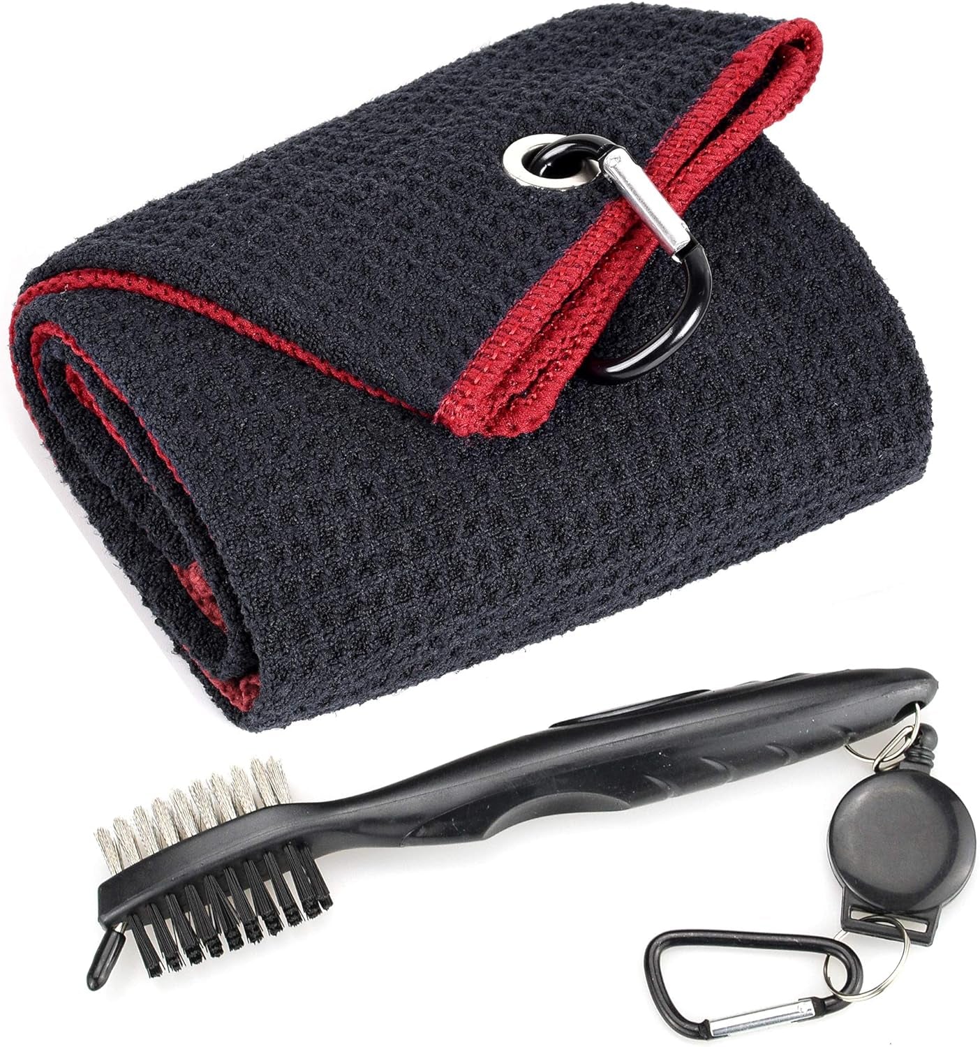 Microfiber Waffle Pattern Tri-Fold Golf Towel | Brush Tool Kit with Club Groove Cleaner, Retractable Extension Cord and Clip