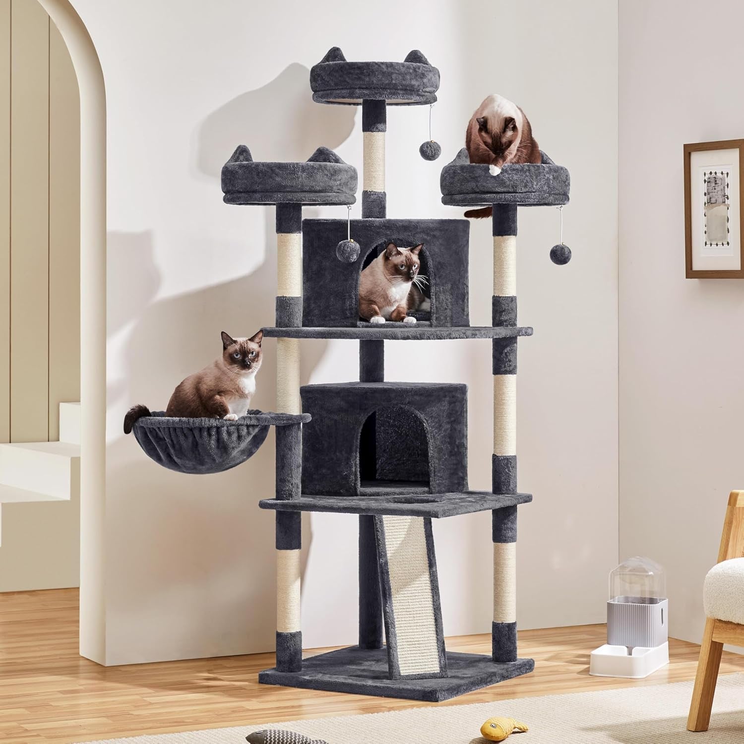 68.5In Multi-Level Large Cat Condo with Sisal-Covered Platforms Scratching Board & Scratching Posts, Cozy Perches, Stable Cat Tower/Tree Pet Play House, Dark Gray