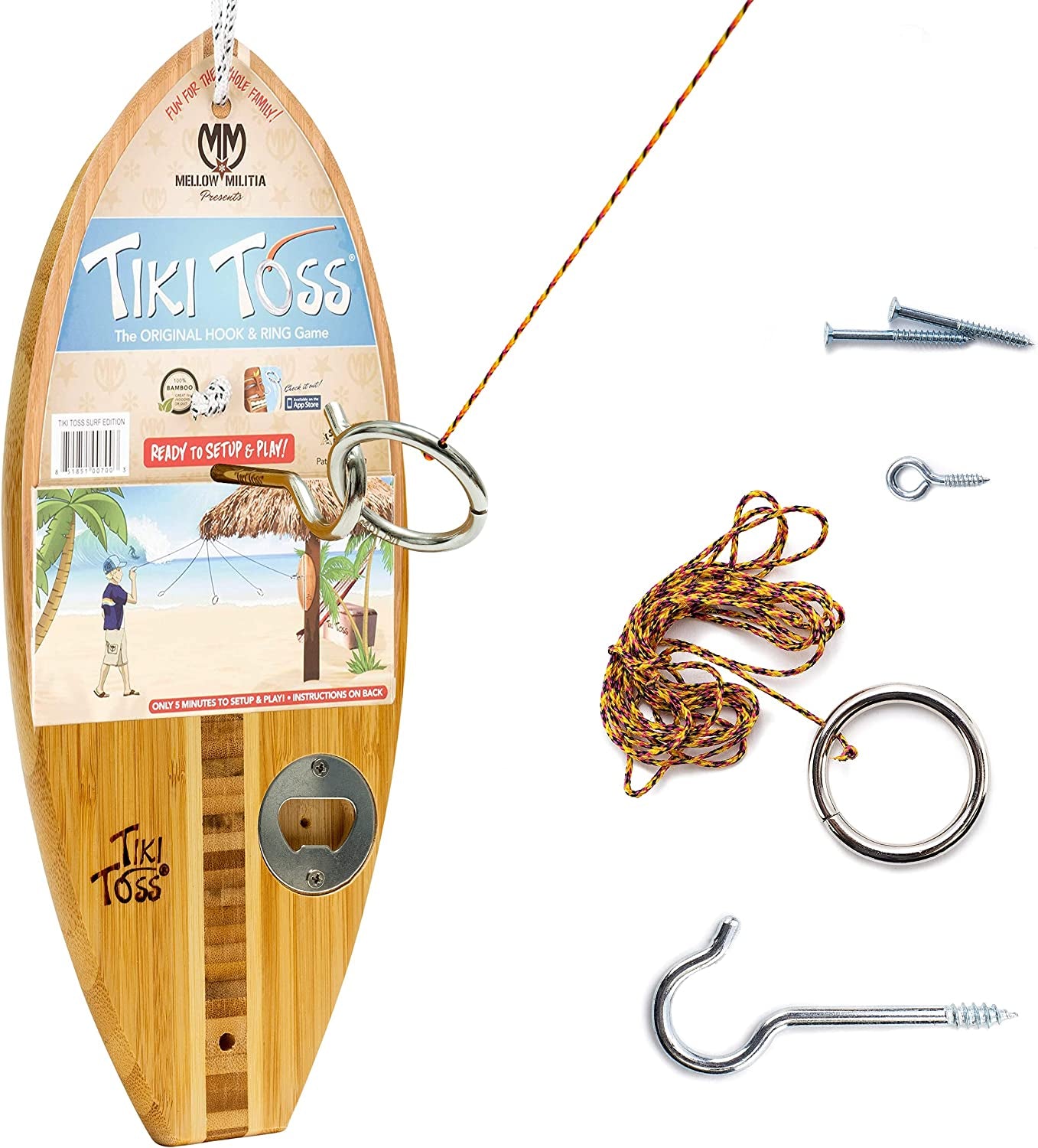 Ring Toss Game for Adults & Kids – 13 Inch Surfboard Edition - Hook and Ring Game with String and Hooks for Outdoor/Indoor Use, Man Cave Decor & Stuff, Gifts for Men